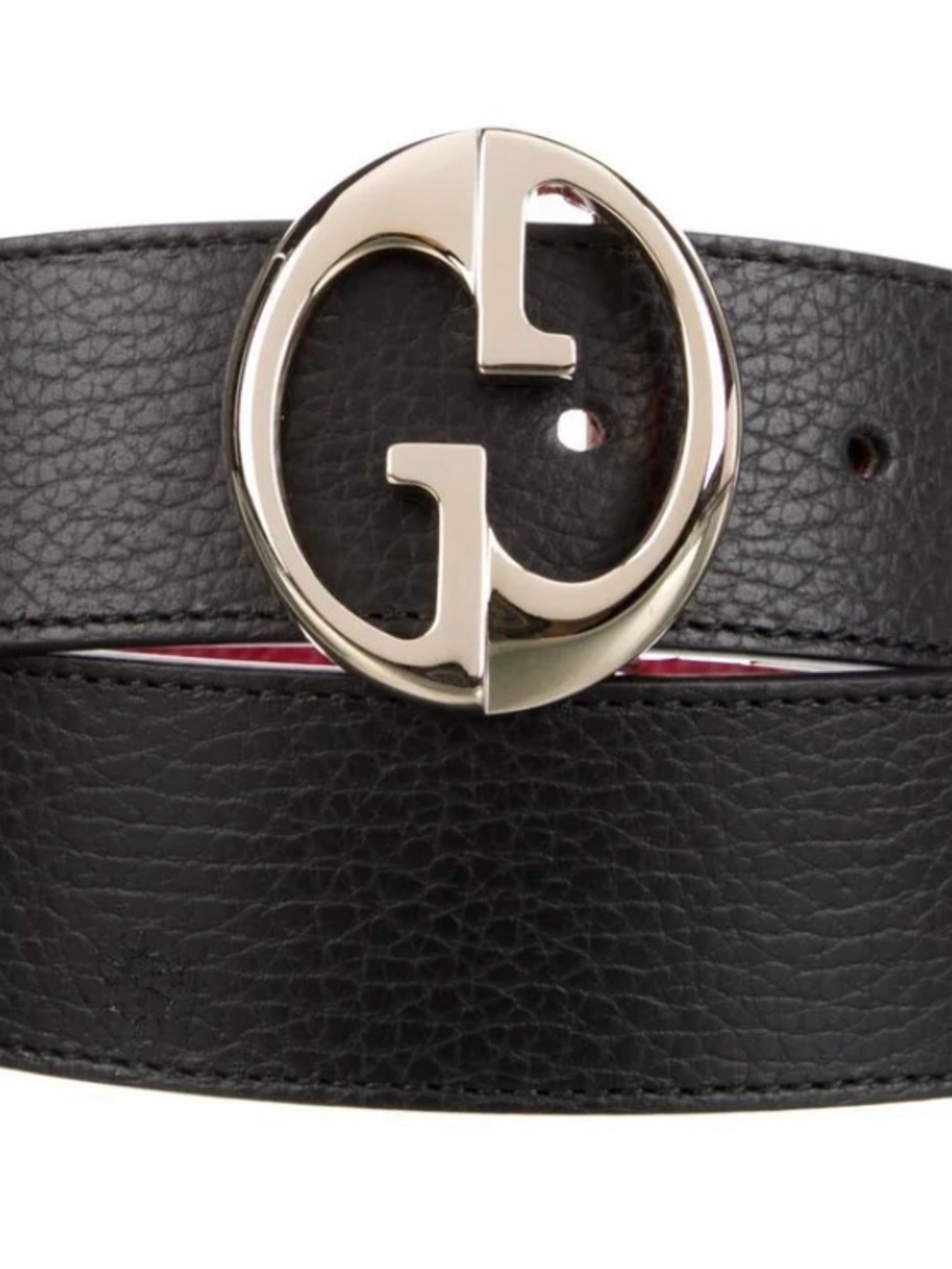 Gucci Black Leather Belt with Silver Double G Buckle and Red Lining